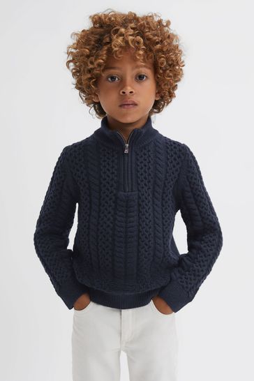 Reiss Navy Bantham Junior Slim Fit Knitted Half-Zip Jumper