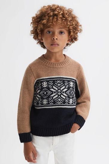 Reiss Navy/Camel Nash Junior Knitted Colourblock Crew Neck Jumper