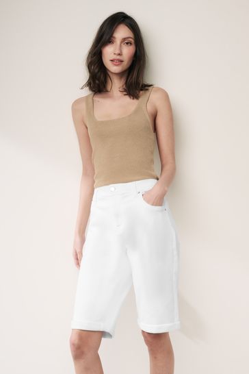 Ladies white denim knee length shorts store