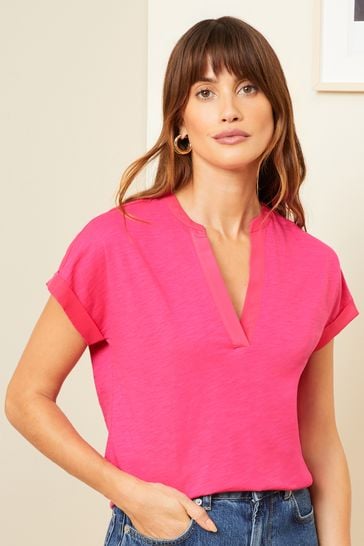 Love & Roses Bright pink Jersey V Neck Woven Trim Shorts Sleeve T-Shirt