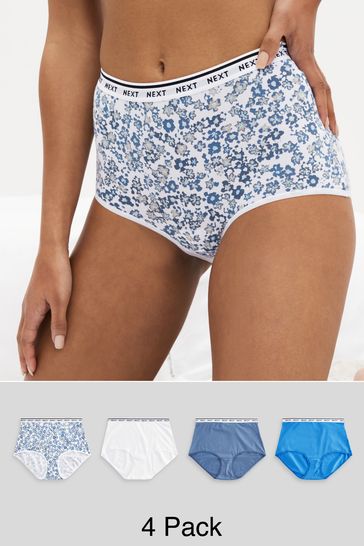 White/Light Blue Full Brief Cotton Rich Logo Knickers 4 Pack
