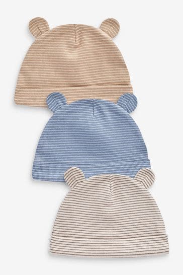 Blue Stripe 3 Pack Baby Bear Ear Beanie Hats (0mths-2yrs)
