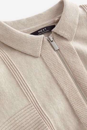 Buy Putty Textured Knit Zip Neck Long Sleeve Polo Shirt (3-16yrs 