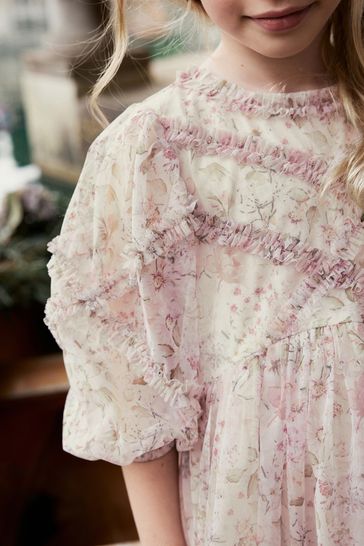 Buy Ecru Floral Long Sleeve Soft Mesh Dress 3 16yrs from Next