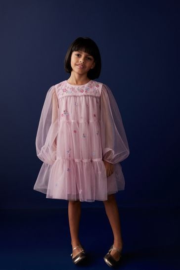 Pink Pretty Embroidered Long Sleeve Soft Mesh Dress (3-16yrs)
