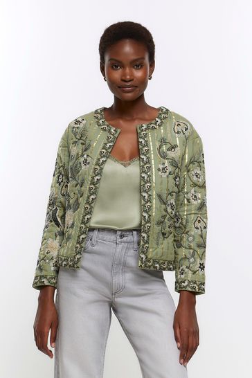 Buy River Island Khaki Quilted Embroidered House Coat bei Next