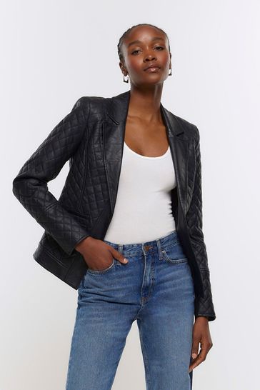 River Island Black Faux Leather Quilted Blazer