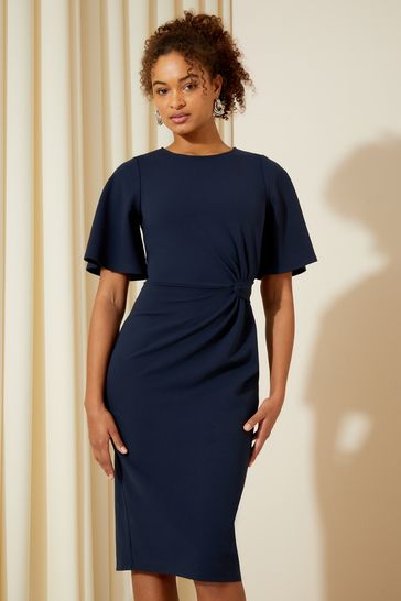 Friends Like These Navy Blue Tailored Knot Detail Flutter Sleeve Midi Dress