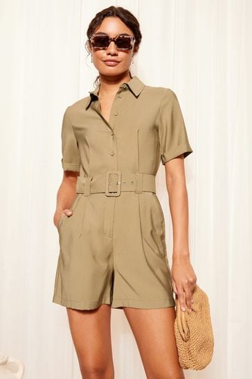 Friends Like These Khaki Green Twill Utility Belted Short Sleeve Playsuit