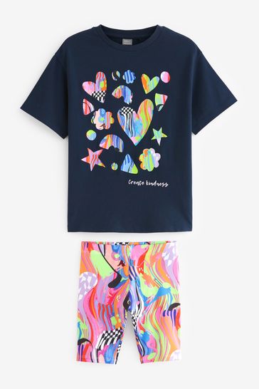 Buy Navy Blue Glitter Shapes T Shirt And Cycling Shorts Set 3