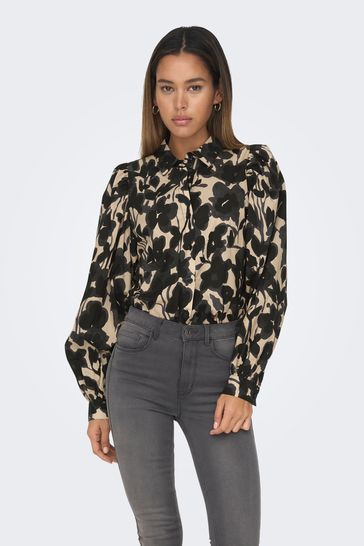 ONLY Cream Blurred Floral Print Puff Long Sleeve Shirt