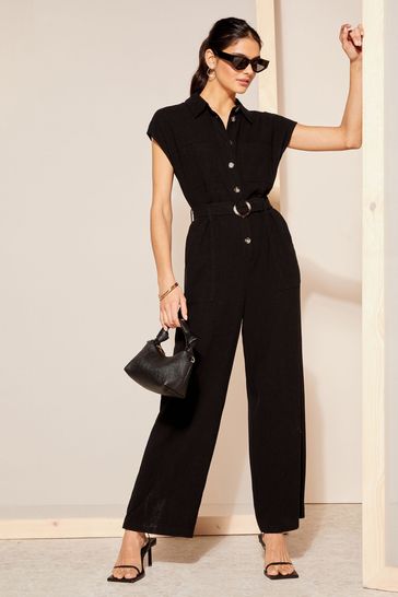 Friends Like These Black Short Sleeve Button Through Tailored Jumpsuit with Linen