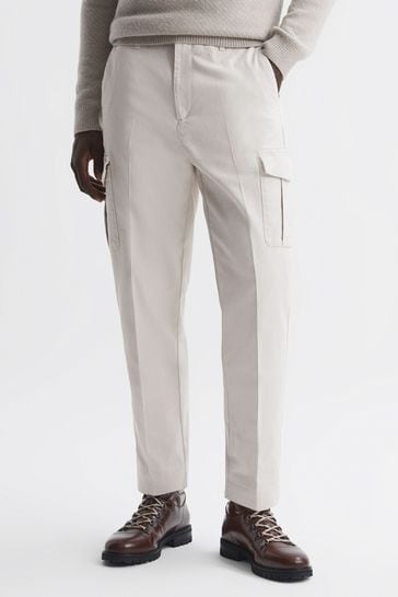 Reiss Ecru Thunder Tapered Brushed Cotton Cargo Trousers