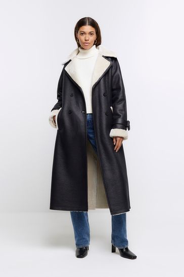 River Island Black Shearling Belted Trench Coat