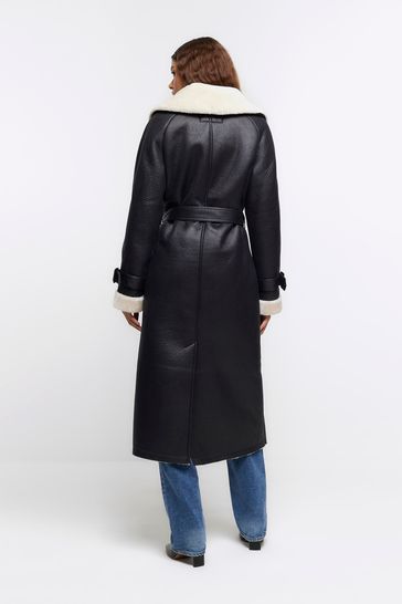 River Island Black Shearling Belted Trench Coat