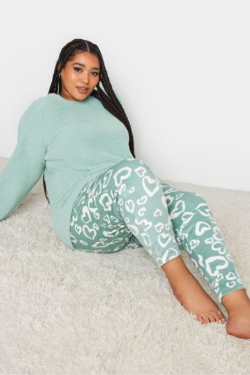 Yours Curve Green Animal Print Heart Borg Fleece Lounge Set