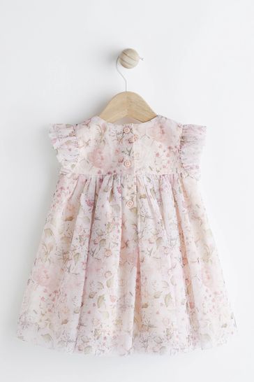 Pink Floral Baby Occasion Mesh Dress 0mths 2yrs