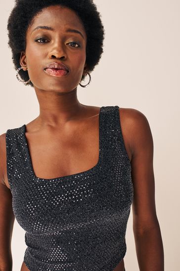 Buy Black Sequin Vest Top from Next Luxembourg