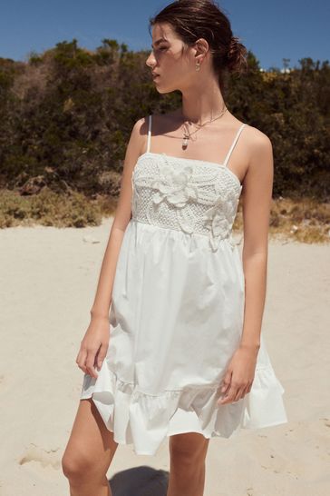 White Crochet Mix Mini Summer Dress