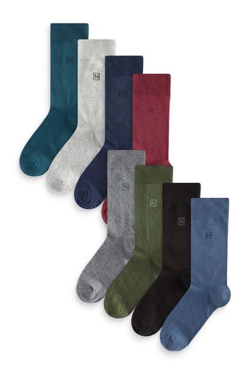 Blue/Grey/Green/Red 8 Pack Embroidered Lasting Fresh Socks
