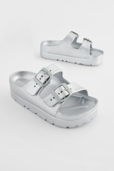 Silver Double Buckle Chunky Sandals