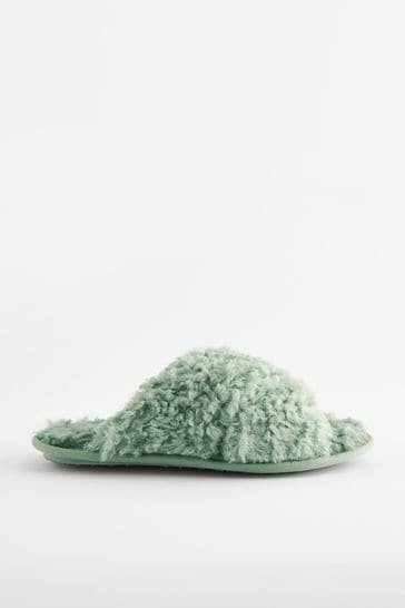 Sage Green Recycled Faux Fur Crossover Slider Slippers
