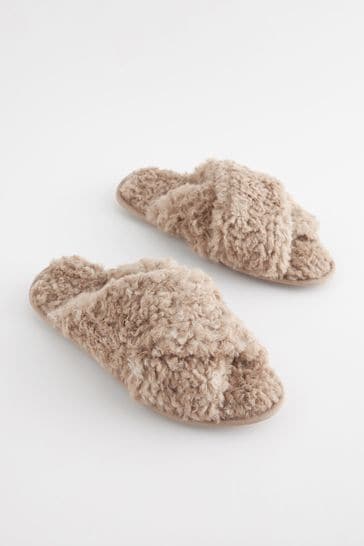 Buy Mink Brown Recycled Faux Fur Crossover Slider Slippers from