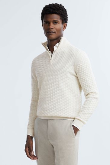 Reiss Cloud White Richmond Atelier Cashmere Cable Knit Half-Zip Funnel Neck Jumper