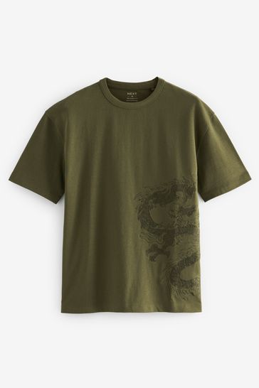 Buy Khaki Green Dragon Embroidered Heavyweight Relaxed T Shirt from Next Bahrain