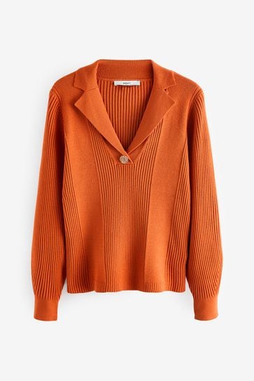 Orange Gold Button V Neck Collar Jumper