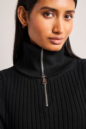 Black Ribbed Zip Neck Jumper