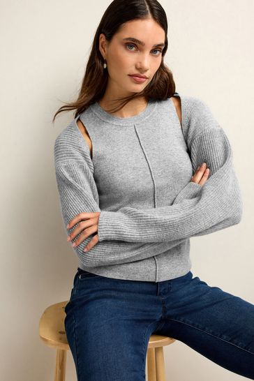 Grey Co-ord 30% Wool Ribbed Bolero Cardigan