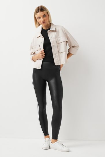 Spanx Leggings Women's Size S Black Faux Leather White Side Stripe