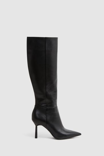 Reiss Black Gracyn Leather Knee High Heeled Boots