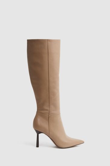 Reiss Camel Gracyn Leather Knee High Heeled Boots