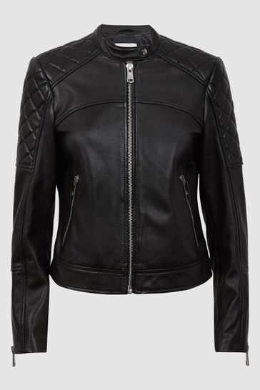 Buy Reiss Black Adelaide Leather Collarless Quilted Jacket from Next Netherlands
