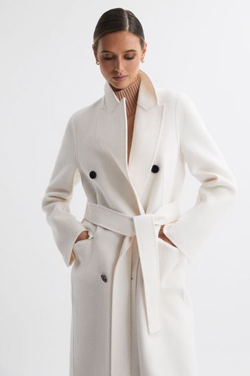 Reiss Cream Arla Petite Relaxed Wool Blend Blindseam Belted Coat