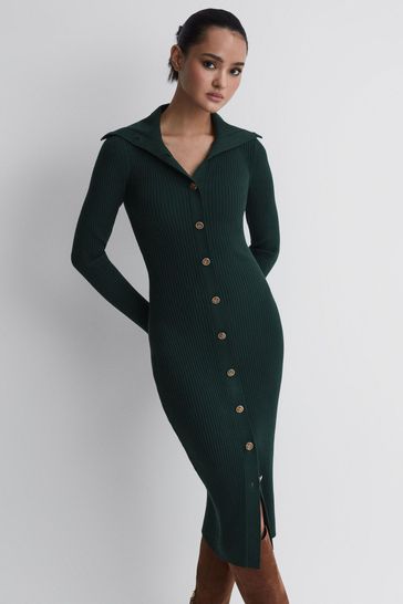 Reiss Green Maria Button Through Bodycon Midi Dress