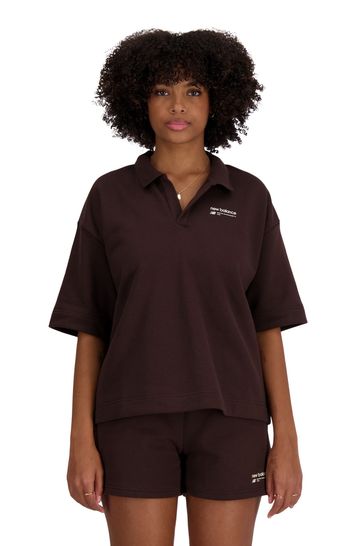 New Balance Brown Linear Heritage French Terry Polo Shirt