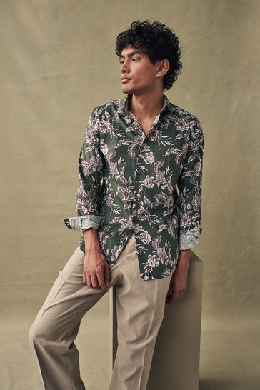 Olive green printed shirt sales