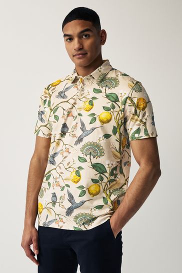 Neutral Floral Print Polo Shirt