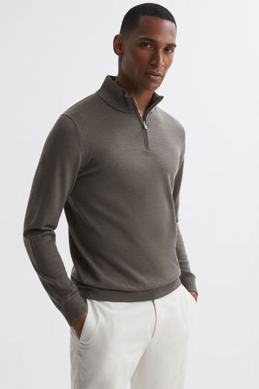 Reiss Mushroom Brown Blackhall Merino Wool Half-Zip Funnel Neck Jumper