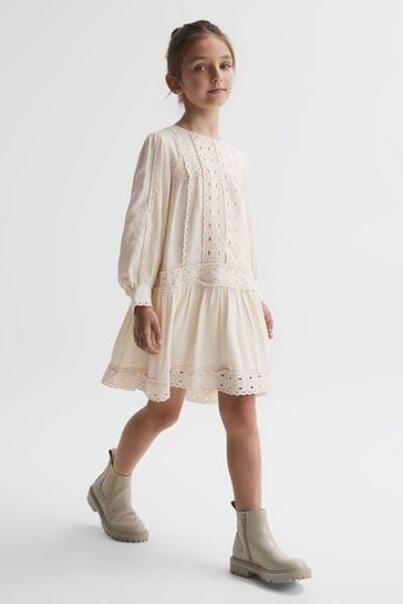 Reiss Ivory Tavi Junior Long Sleeve Lace Dress