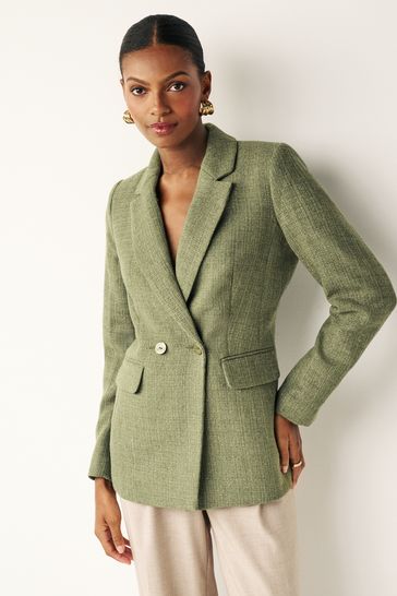 Sage Green Bouclé Fitted Double Breasted Blazer