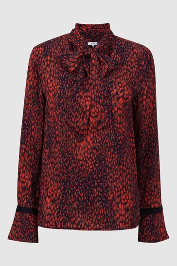 Reiss Red Phillipa Animal Print Neck Tie Blouse