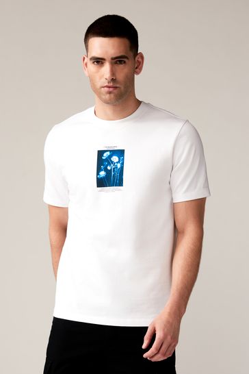 White/Blue Floral Regular Fit Smart Graphic Print T-Shirt