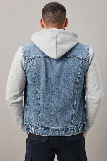 Blue - Denim Jacket With Jersey Sleeve And Hood