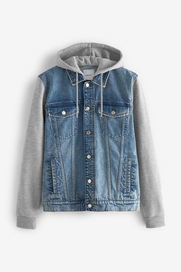 Blue - Denim Jacket With Jersey Sleeve And Hood