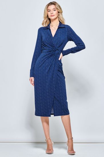 Blue spot wrap dress sale