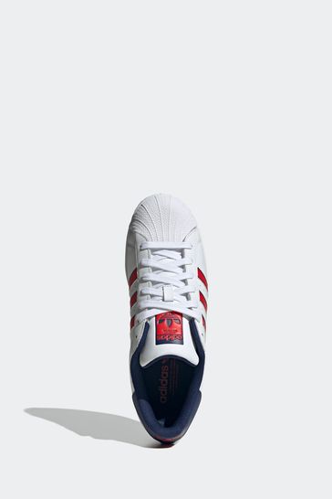Adidas superstar white red and hotsell blue stripe trainers